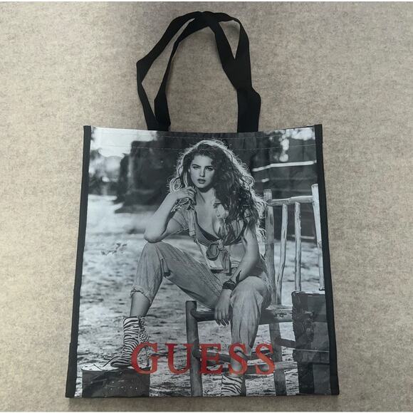 GUESS Reusable Tote Bag Maya Brynne Norman Black White Red Logo 15x15.5x6 - Picture 1 of 7